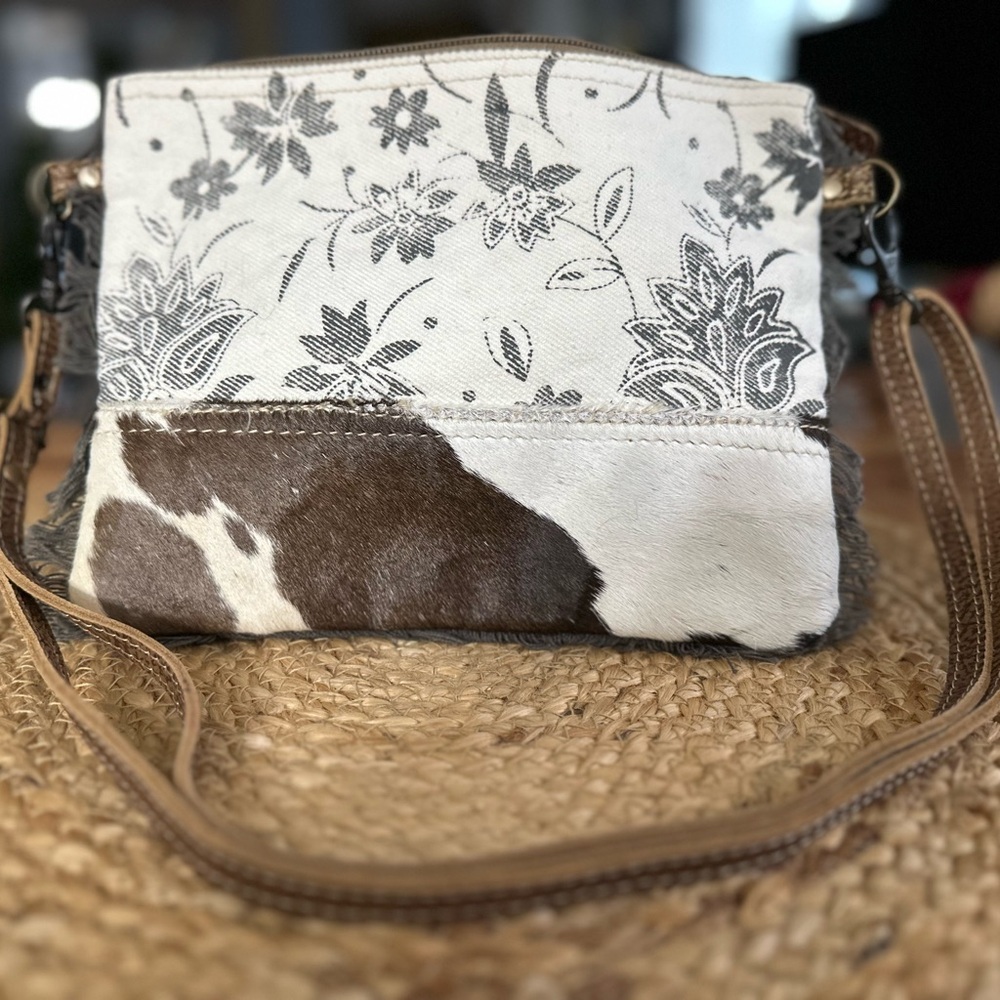 Myra Bag Black Floral and Cowhide Crossbody